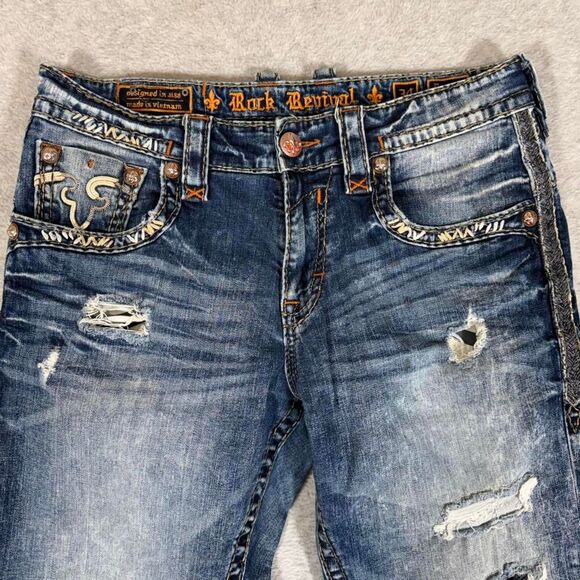 Rock Revival Deshaw Jeans Mens 34x30.5 Straight Distressed Large Stitching*Read* - Picture 2 of 8